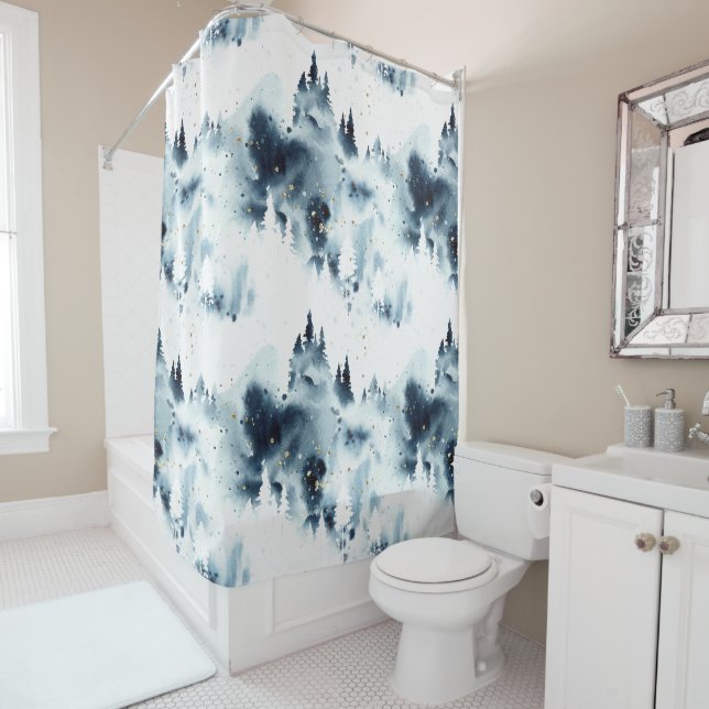 Midnight Blue Forest Watercolor Pattern Shower Curtain (In Situ)