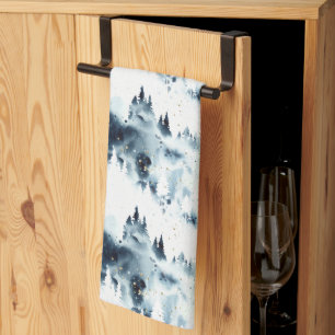 Midnight Blue Forest Watercolor Pattern Tea Towel