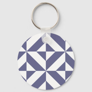 Midnight Blue Geometric Deco Cube Pattern Key Ring