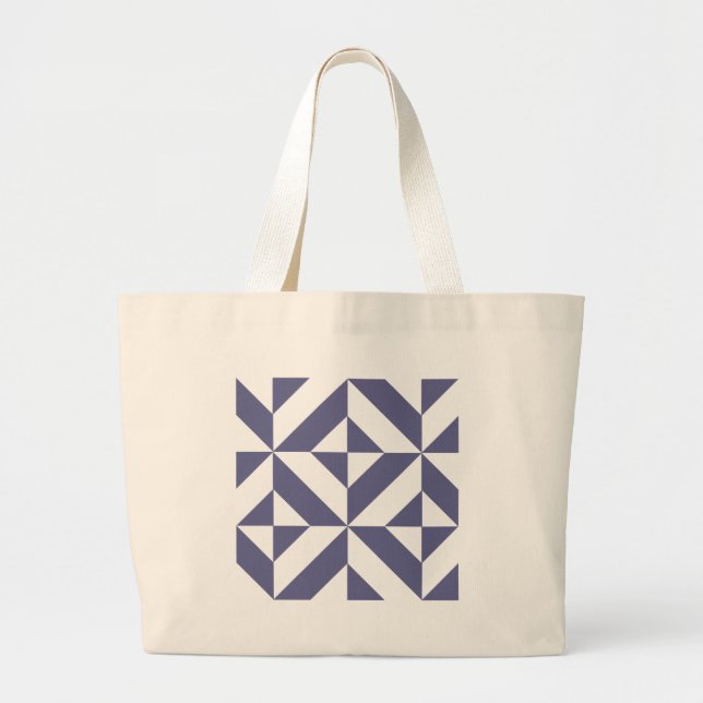 Midnight Blue Geometric Deco Cube Pattern Large Tote Bag (Front)