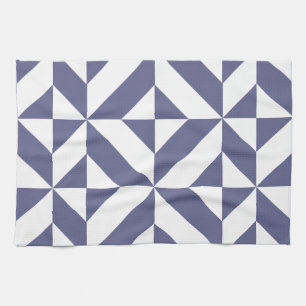Midnight Blue Geometric Deco Cube Pattern Tea Towel