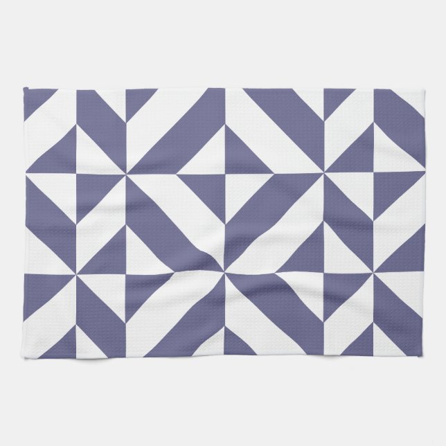 Midnight Blue Geometric Deco Cube Pattern Tea Towel (Horizontal)