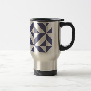 Midnight Blue Geometric Deco Cube Pattern Travel Mug