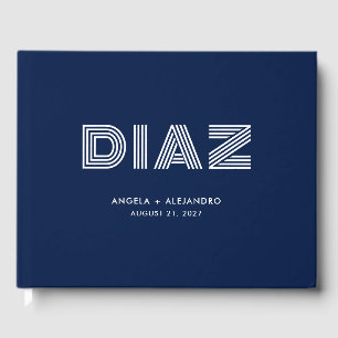 Midnight Blue Geometric Retro Name Wedding Guest Book
