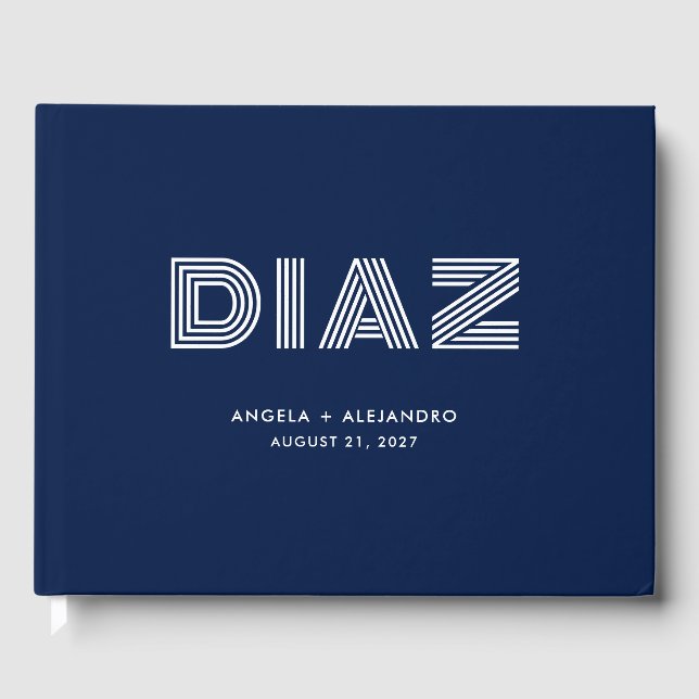 Midnight Blue Geometric Retro Name Wedding Guest Book (Front)
