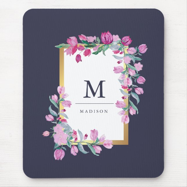 Midnight Blue, Gold and Pink Bougainvillea Flowers Mouse Mat (Front)