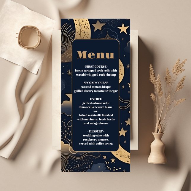 Midnight Blue Gold Celestial Wedding Menu (Creator Uploaded)