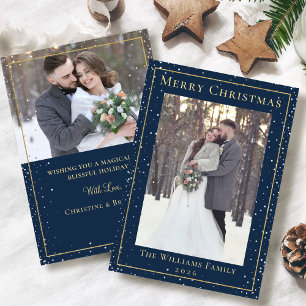 Midnight Blue Gold Christmas Snowfall 2 Photo Holiday Card