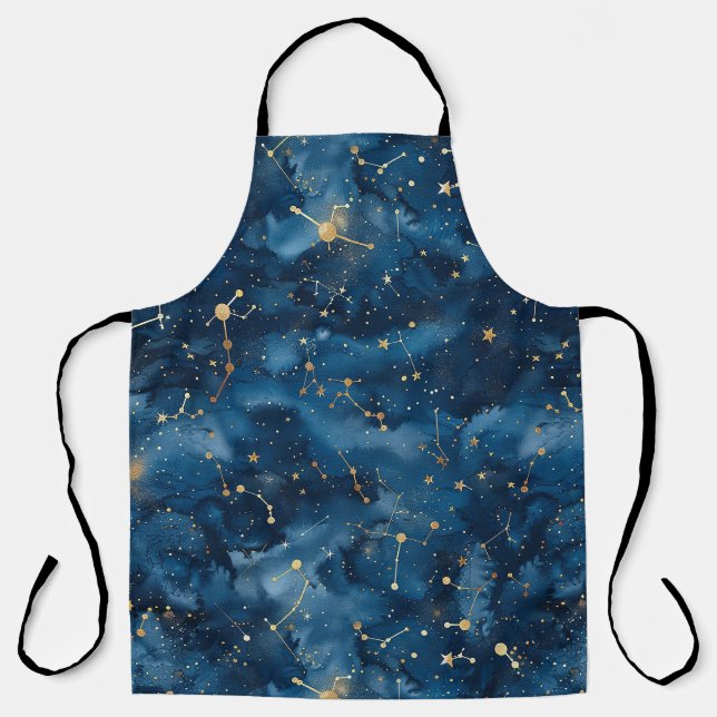 Midnight Blue Gold Cosmic Nebula Stardust Apron (Front)