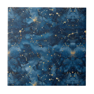 Midnight Blue Gold Cosmic Nebula Stardust Tile