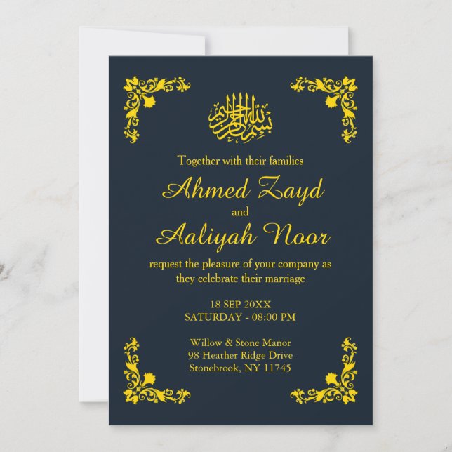 Midnight Blue & Gold Floral Nikah & Waleema Invitation (Front)