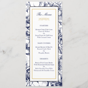 Midnight Blue & Gold Floral Wedding Menu Card