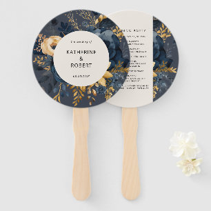 Midnight Blue Gold Floral Wedding Program Hand Fan