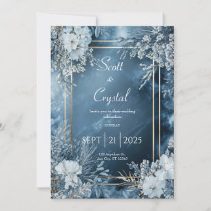 Midnight Blue Gold Frame Frosted Winter Floral Invitation