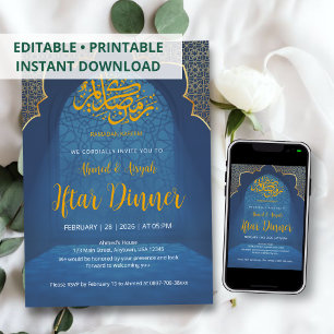 Midnight Blue & Gold Islamic Arch Iftar Invitation