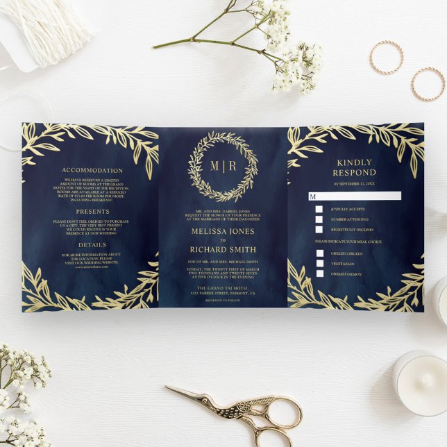 Midnight Blue Gold Leaf Branch All in One Wedding Tri-Fold Invitation (Creator Uploaded)
