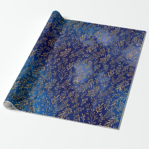 Midnight Blue Gold Leaf Elegant  Effect Wrapping Paper