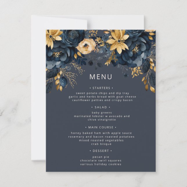 Midnight Blue Gold Luxe Floral Wedding Menu Card (Front)