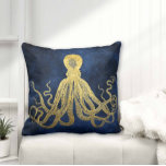 Midnight Blue Gold Octopus Coastal Retro Nautical Cushion<br><div class="desc">Retro vintage octopus illustration in metallic antiqued gold faux foil on midnight blue with undertones of navy, teal, and deep sea blue. Personalise with your own custom inspirational quote, motivational message, saying, lyrics, monogram, or names! You can also transfer our ocean octopus art to many other products and accessories to...</div>