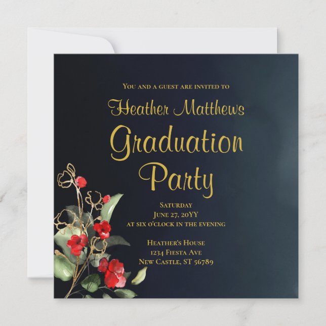 Midnight Blue Gold Red Floral Graduation Party Invitation (Front)
