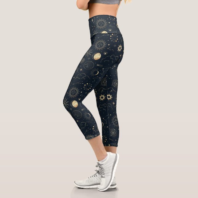 Midnight Blue Gold Star Constellation Pattern Capri Leggings (Left)