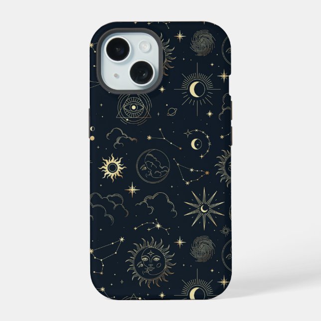 Midnight Blue Gold Star Constellation Pattern iPhone 15 Case (Back)