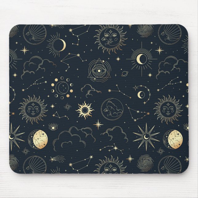 Midnight Blue Gold Star Constellation Pattern Mouse Mat (Front)