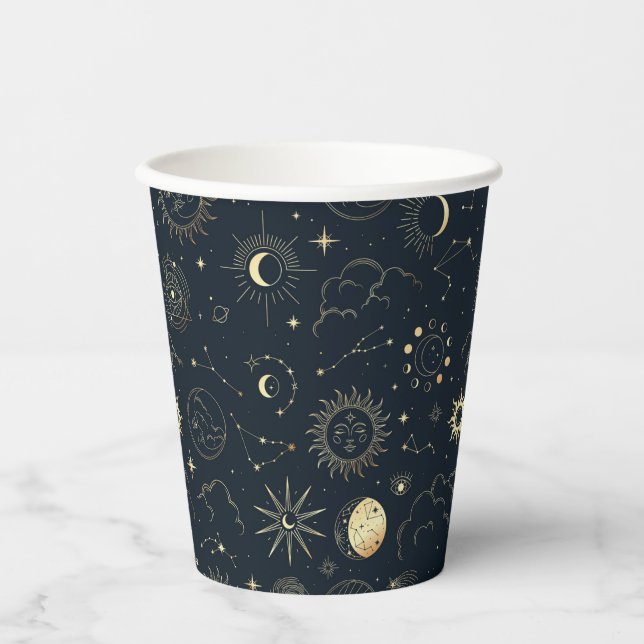 Midnight Blue Gold Star Constellation Pattern Paper Cups (Front)