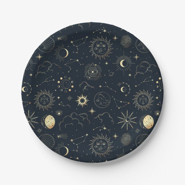Midnight Blue Gold Star Constellation Pattern Paper Plate (Front)