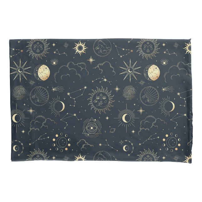 Midnight Blue Gold Star Constellation Pattern Pillowcase (Front-Left)
