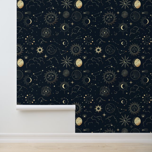 Midnight Blue Gold Star Constellation Pattern Wallpaper (Application)