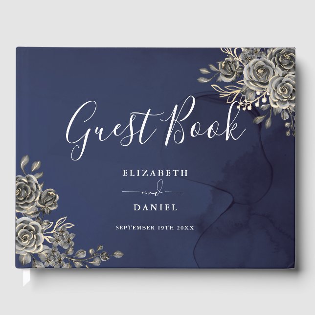 Midnight Blue Gothic Floral Roses Wedding Guest Book (Front)