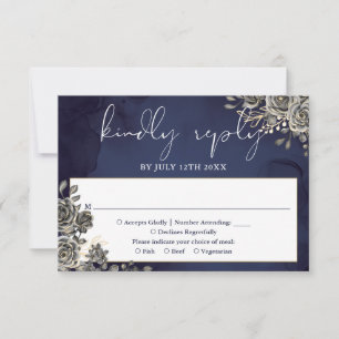 Midnight Blue Gothic Floral Roses Wedding RSVP Card