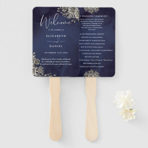 Midnight Blue Gothic Floral Wedding Program Hand Fan