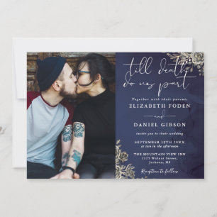 Midnight Blue Gothic Roses Floral Photo Wedding Invitation