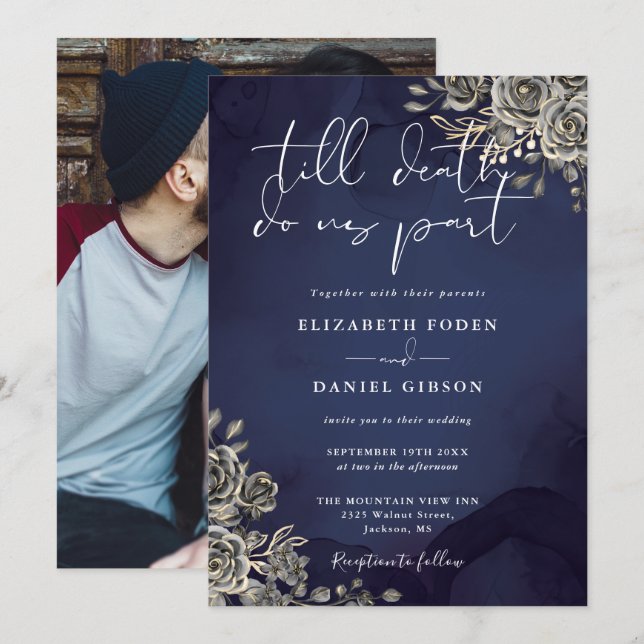 Midnight Blue Gothic Roses Floral Photo Wedding Invitation (Front/Back)