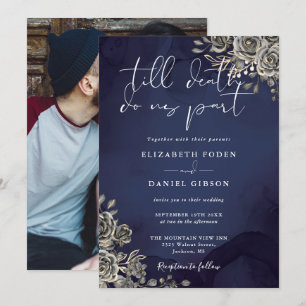 Midnight Blue Gothic Roses Floral Photo Wedding Invitation