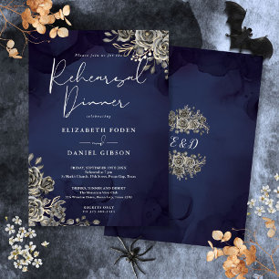 Midnight Blue Gothic Wedding Rehearsal Dinner Invitation