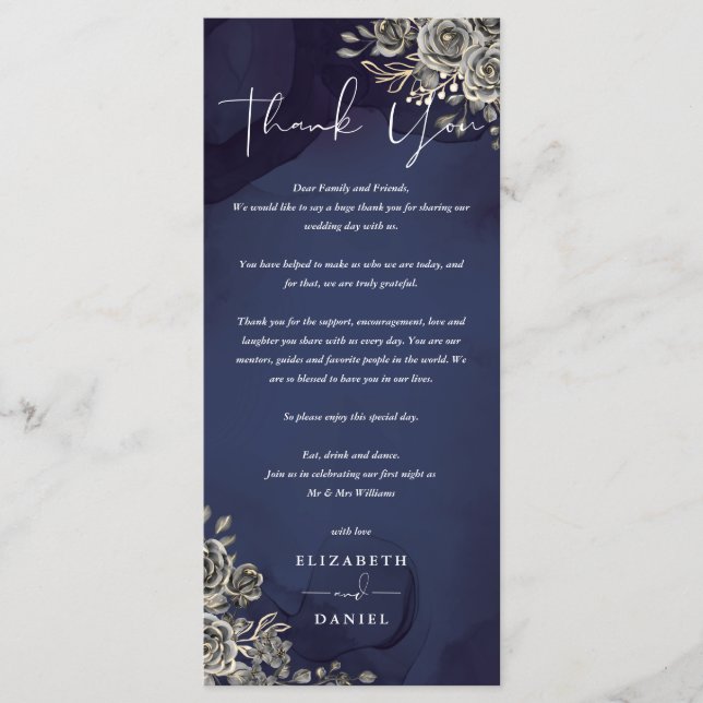Midnight Blue Gothic Wedding Thank You Place Card (Front)