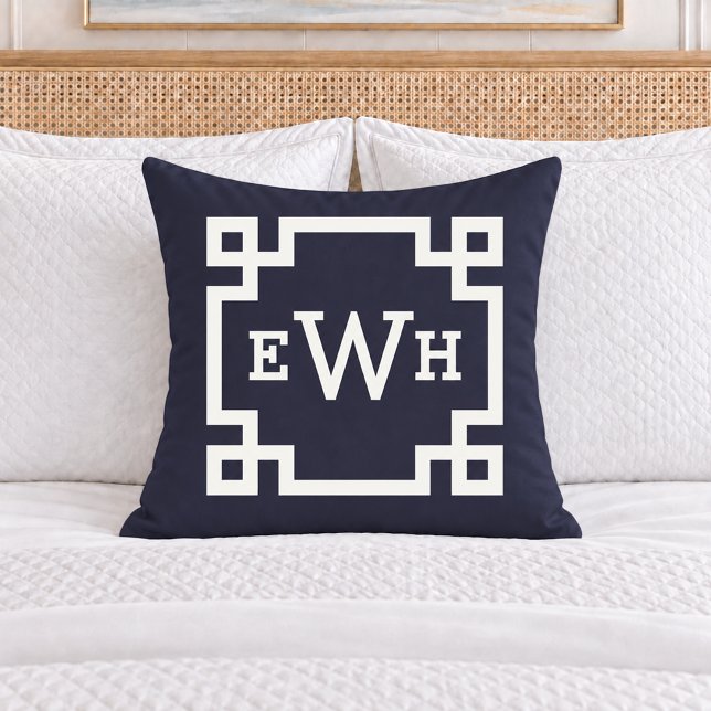 Midnight Blue Greek Key Monogram Initial Cushion (Creator Uploaded)