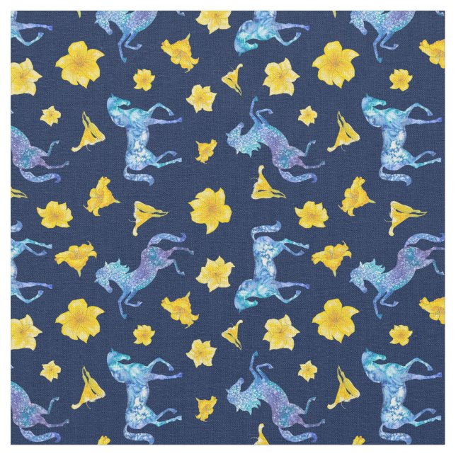 Midnight Blue Horses and Yellow Lilies Fabric (Close Up)