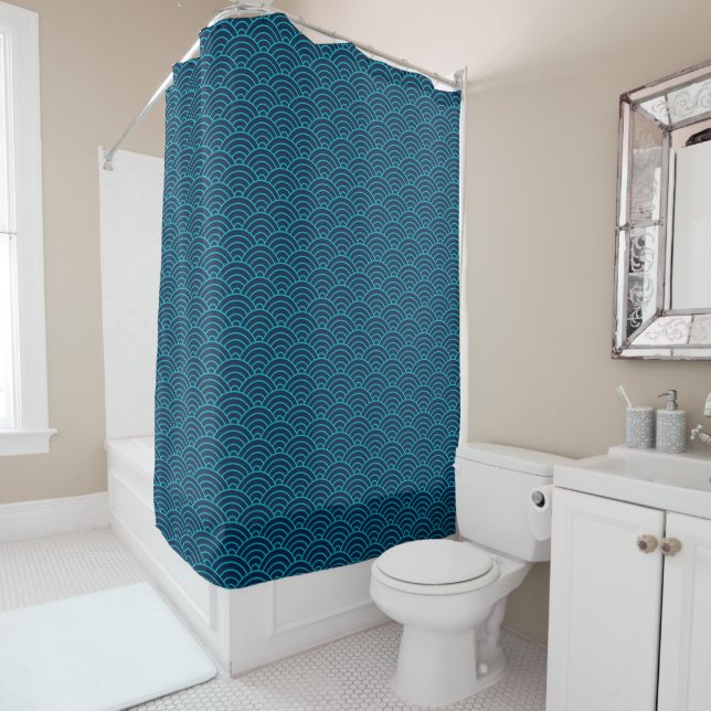 Midnight Blue Japanese Seigaiha waves Shower Curtain (In Situ)