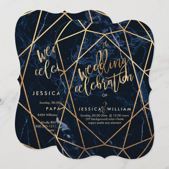 Midnight Blue Marble+Faux Gold Wedding Invitation (Front/Back)