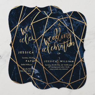 Midnight Blue Marble+Faux Gold Wedding Invitation