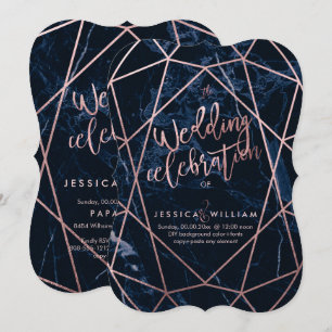 Midnight Blue Marble+Faux Rose Gold Wedding Invitation