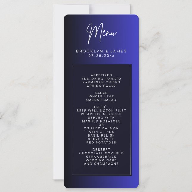 Midnight Blue Minimal Wedding Menu Cards (Front)
