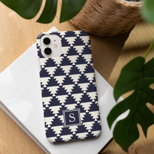 Midnight Blue Modern Aztec Geometric Monogram iPhone 16 Case