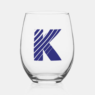 Midnight Blue Modern Monogram Initial Letter Stemless Wine Glass