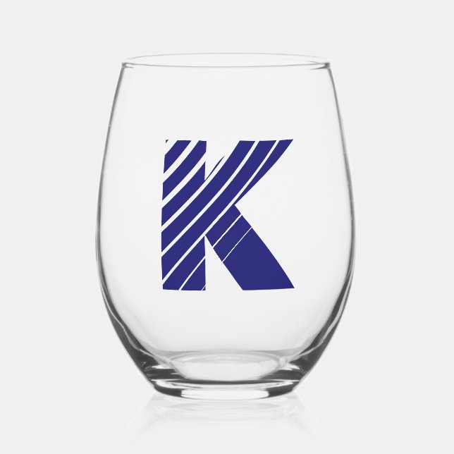 Midnight Blue Modern Monogram Initial Letter Stemless Wine Glass (Front)