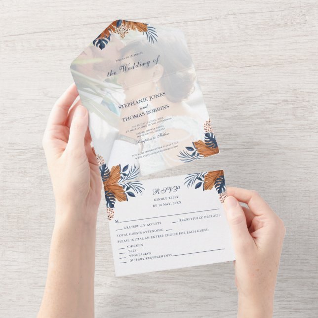Midnight Blue Monstera All in One Wedding Invite (Tearaway)